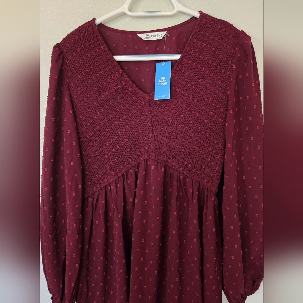 Cupshe | NWT Dark Maroon Swiss Dot Smocked Maxi Dress Size Large